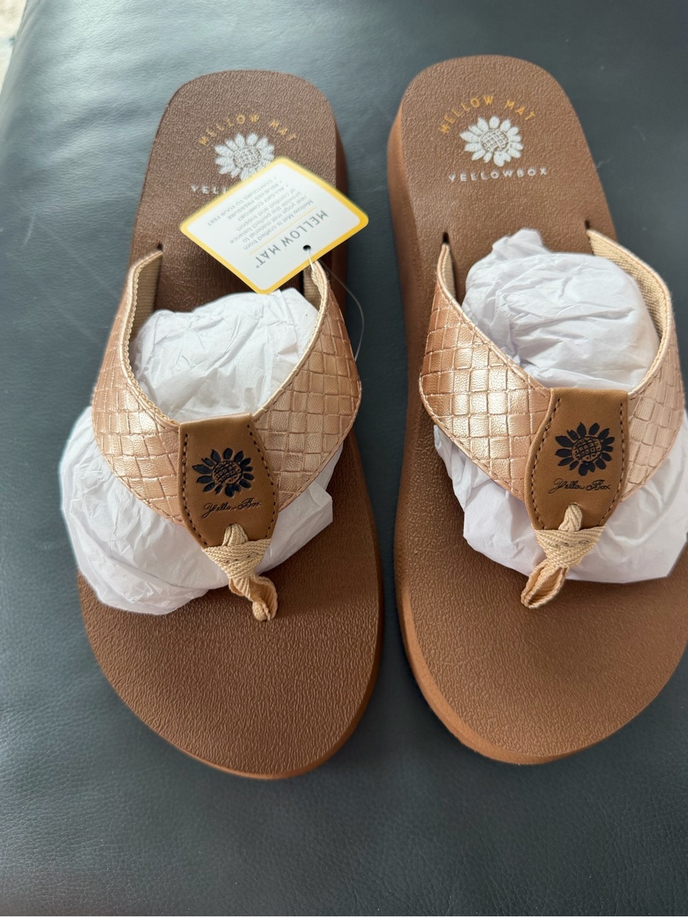 Yellow Box Rose Gold Woven Thong Sandals with Brown Footbed